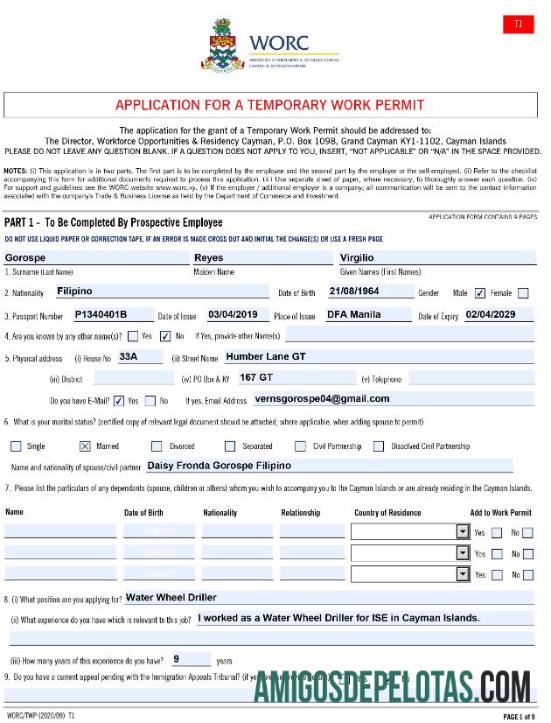 Permissão de trabalho nas Ilhas Cayman amostra